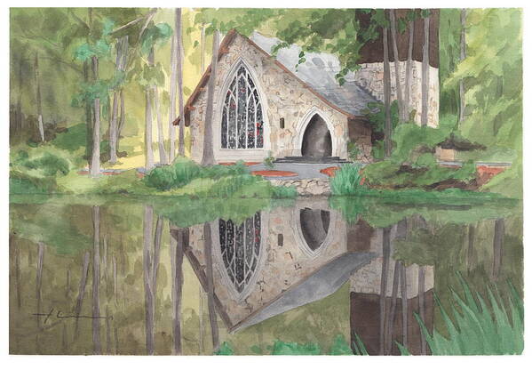 <a Href=http://miketheuer.com Target =_blank>www.miketheuer.com</a> Church In The Woods Watercolor Portrait Art Print featuring the drawing Church In The Woods Watercolor Portrait by Mike Theuer