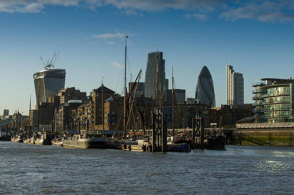 Cheese Grater Building Art Print featuring the photograph City of London river barges Wapping by Gary Eason