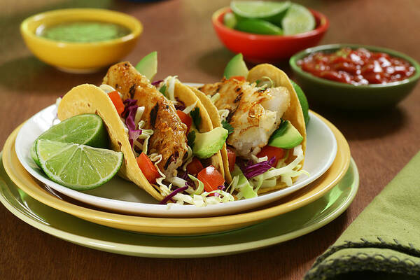 Taco Art Print featuring the photograph Closeup of fish tacos on plate by TheCrimsonMonkey