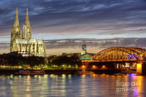 Cologne Art Print featuring the photograph Cologne Cathedral with Rhine Riverside by Heiko Koehrer-Wagner