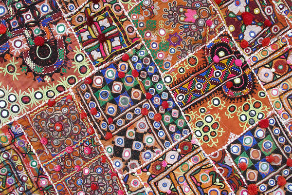Art Art Print featuring the photograph Colorful fabric artwork, ornamental patterns on textile, Jaisalmer, India by Vyacheslav Argenberg (www.vascoplanet.com)