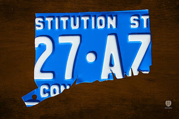 Connecticut Art Print featuring the mixed media Connecticut State License Plate Map by Design Turnpike