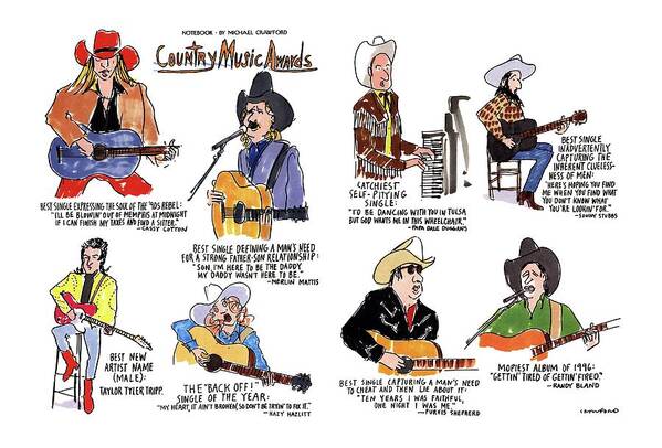 No Caption
Title: Country Music Awards. Two-page Color Spread Of The Winners Of The Country Music Awards. Notebook Spoof Shows Art Print featuring the drawing Country Music Awards by Michael Crawford