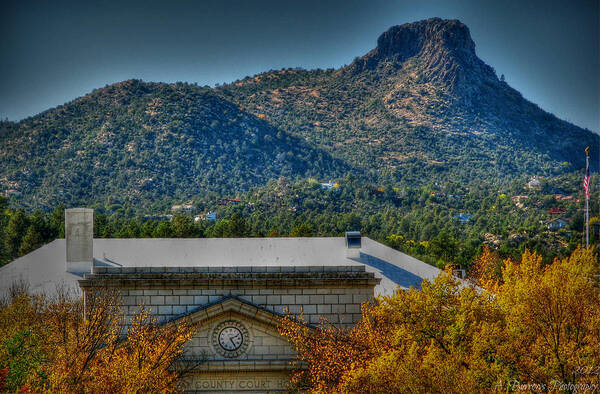 Prescott Art Print featuring the photograph Courthouse Autumn Below Thumb Butte HDR by Aaron Burrows