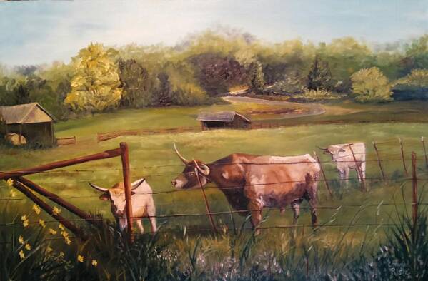 Longhorn Cattle Art Print featuring the painting Courtship Across The Fence Line by Connie Rish