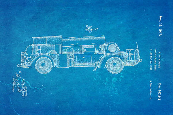 Automotive Art Print featuring the photograph Couse Fire Truck Patent Art 2 1947 Blueprint by Ian Monk