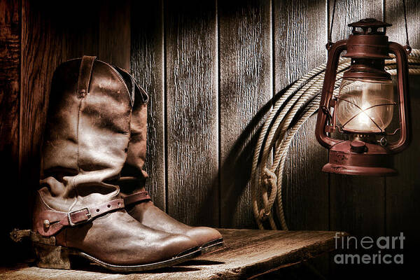 Boots Art Print featuring the photograph Cowboy Boots in Old Barn by Olivier Le Queinec