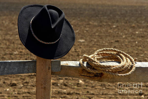 Cowboy Hat and Rope on Fence Art Print by Olivier Le Queinec - Fine Art  America