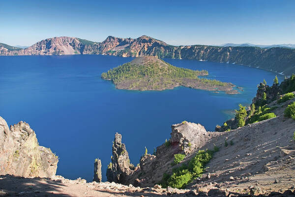 Crater Lake Art Print featuring the photograph Crater Lake And Wizard Island by Philippe Widling / Design Pics