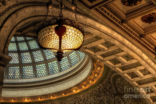 Antique; Hall; Foyer; Formal; Indoors; Inside; Chandelier; Ornate; Dome; Arches; Archway; Interior; Posh; Classy; Expensive; Light; Period; Old Fashioned; Vintage; Elegant; Beautiful; Pretty; Gorgeous; Ceiling; Hang; Hanging; Mosaic; Glass; Chicago; Chicago Cultural Center; Gold; Blue; Teal; Lights Art Print featuring the photograph Culture Details by Margie Hurwich