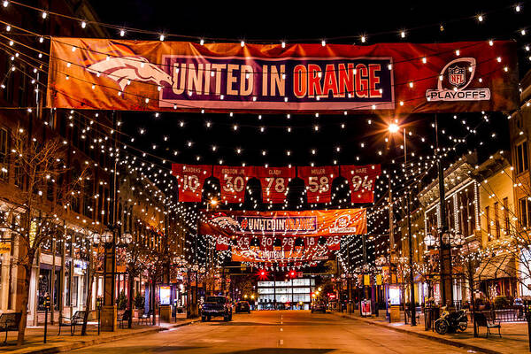 Blue Art Print featuring the photograph Denver Larimer Square NFL United in Orange by Teri Virbickis