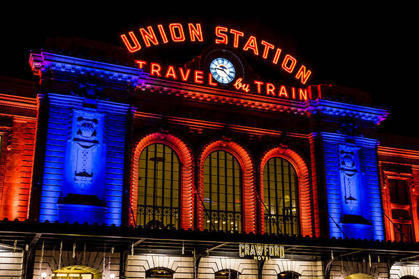 Blue Art Print featuring the photograph Denver Union Station in Orange and Blue by Teri Virbickis