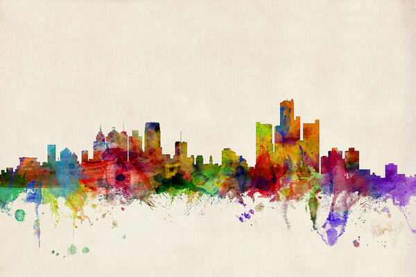 Watercolour Art Print featuring the digital art Detroit Michigan Skyline by Michael Tompsett