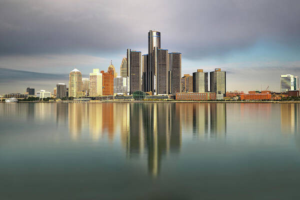 Detroit Art Print featuring the photograph Detroit Michigan Skyline Reflections by Linda Goodhue Photography