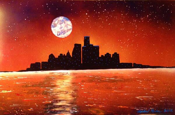 Detroit Art Print featuring the painting Detroit Skyline by Michael Rucker
