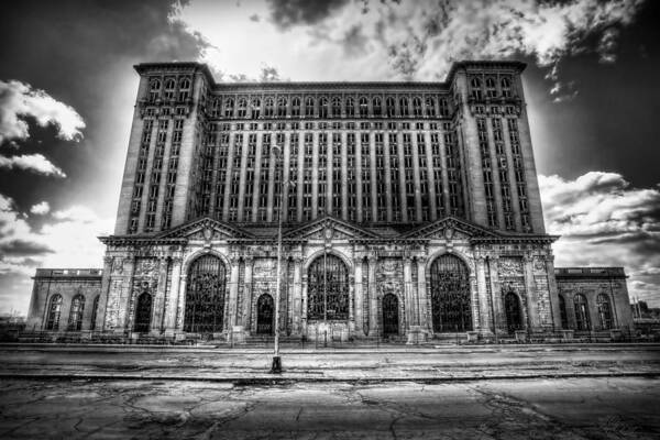 Detroit Art Print featuring the photograph Detroit's Abandoned Michigan Central Train Station Depot in Black and White by Gordon Dean II