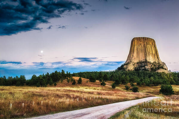 Devils Tower Art Print featuring the photograph Devils Tower at Sunset and Moonrise by Sophie Doell