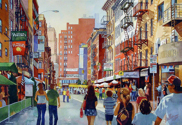 Watercolor Art Print featuring the painting Dinner in Little Italy by Mick Williams