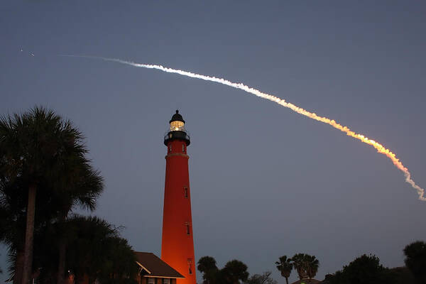 Space Art Print featuring the photograph Discovery Booster Separation over Ponce Inlet Lighthouse by Paul Rebmann