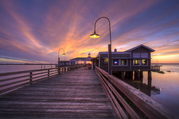 Clouds Art Print featuring the photograph Dock Lights at Dusk by Debra and Dave Vanderlaan