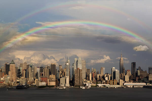 New York City Skyline Art Print featuring the photograph Double Rainbow Over NYC by Susan Candelario