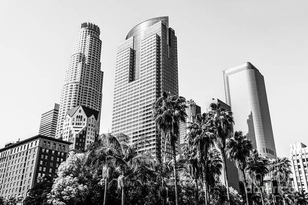 America Art Print featuring the photograph Downtown Los Angeles Buildings in Black and White by Paul Velgos