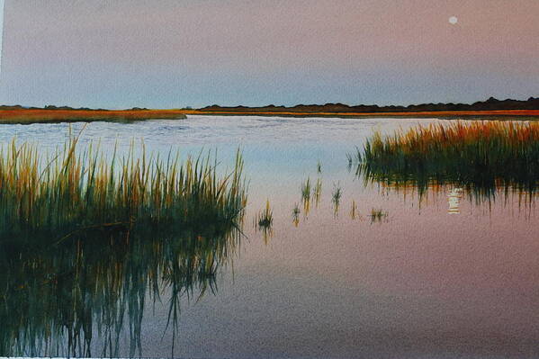 Muted Dusty Rose And Blues In A Carolina Water Scene.the Full Moon Can Be Seen Rising In The Distance Art Print featuring the painting Dusk by Brenda Beck Fisher