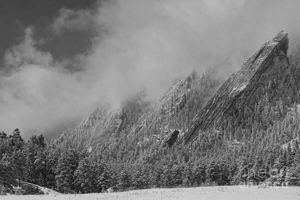 Flatirons Art Print featuring the photograph Dusted Flatirons Low Clouds Boulder Colorado BW by James BO Insogna