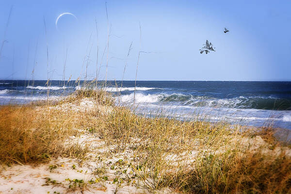 Moon. Ocean. Water. Lake. Waves. Surf. Myrtle Beach Art Print featuring the photograph Early Moon by Mary Timman