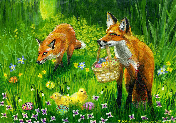Foxes Art Print featuring the painting Easter Foxes by Jacquelin L Westerman