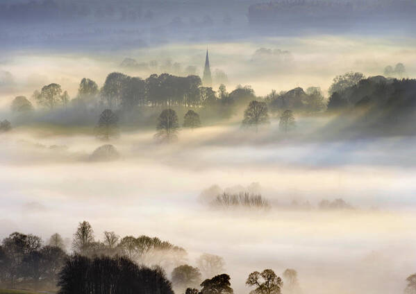Mist Art Print featuring the photograph Edensor church in the mist by Jerry Daniel