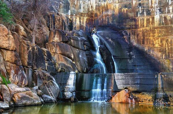 Cement Man Made Watson Lake Dam Prescott Arizona Water Rocks Color Red Blue Green Red Northern Arizona Water Fall Hdr Art Print featuring the photograph End of the Trail. by Thomas Todd