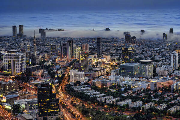 Israel Art Print featuring the photograph Evening City Lights by Ron Shoshani