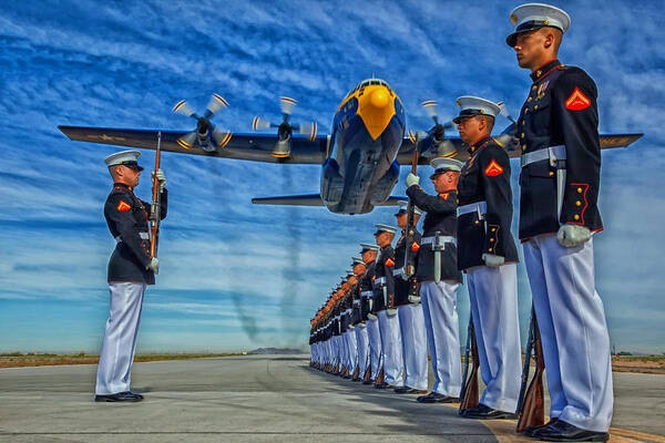Unites States Marine Corps Art Print featuring the photograph Fat Albert over the USMC Silent Drill Team by Mountain Dreams