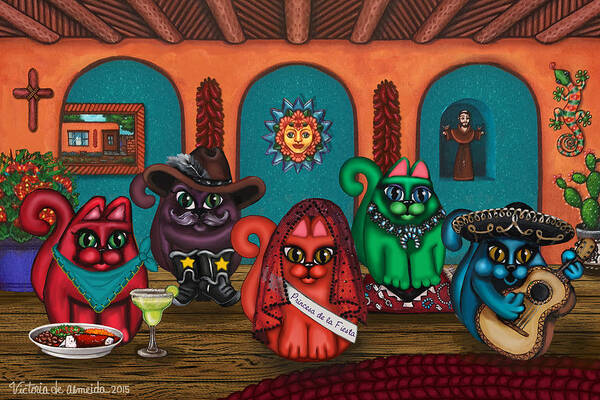 Folk Art Art Print featuring the painting Fiesta Cats II by Victoria De Almeida
