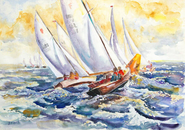 Folkboat Art Print featuring the painting Fight At The Mark - Folkboats Tacking by Barbara Pommerenke
