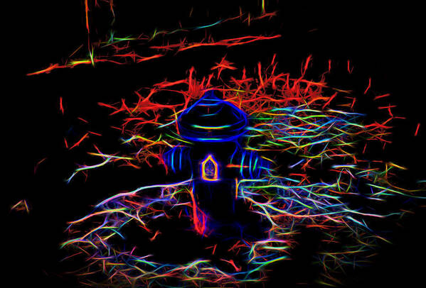 Fire Hydrant Art Print featuring the digital art Fire Hydrant bathed in neon by Cathy Anderson