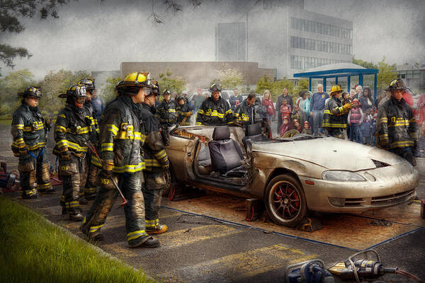 Fireman Art Print featuring the photograph Firemen - The fire demonstration by Mike Savad