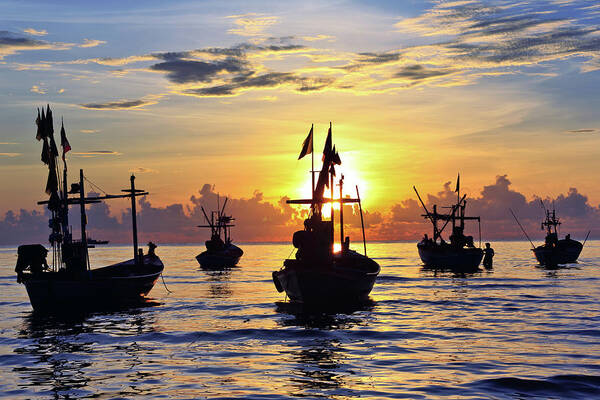 Outdoors Art Print featuring the photograph Fishing Boats In Hua Hin by Monthon Wa