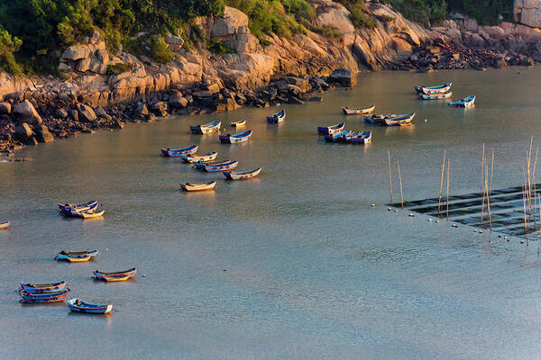 Aerial Art Print featuring the photograph Fishing Boats On The Muddy Beach by Keren Su