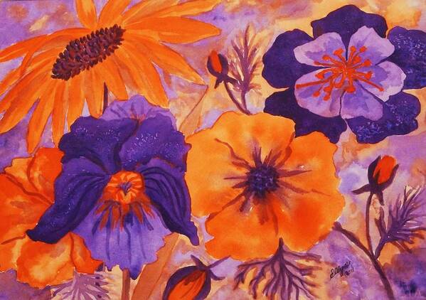 Poppy Art Print featuring the painting Floral Images in Orange and Purple by Ellen Levinson