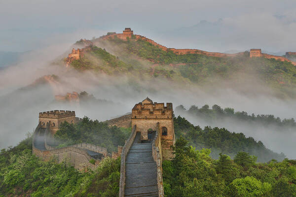 Built Structure Art Print featuring the photograph Foggy Morning Along Great Wall Of China by Darrell Gulin