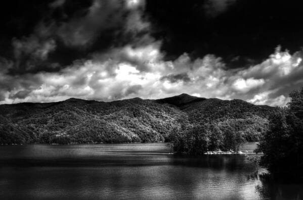 Western North Carolina Art Print featuring the photograph Fontana Lake in Black and White by Greg and Chrystal Mimbs