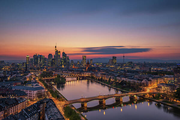 Frankfurt Art Print featuring the photograph Frankfurt Skyline At Sunset by Robin Oelschlegel