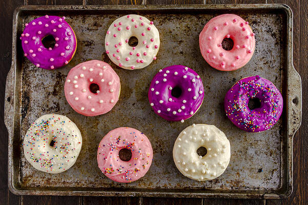 Assorted Art Print featuring the photograph Fresh Baked Vanilla Bean Iced Donuts by Teri Virbickis
