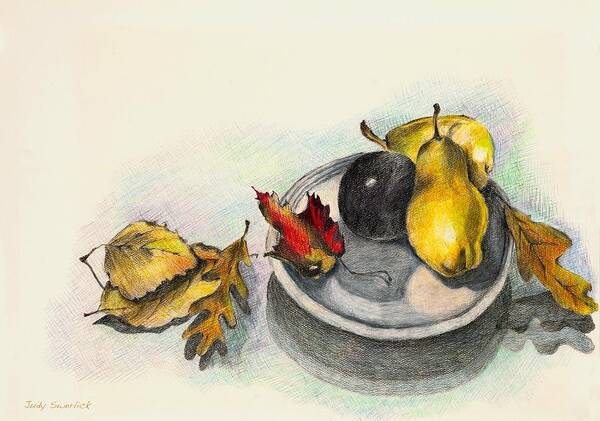 Fruit Art Print featuring the drawing Fruit and Autumn Leaves by Judy Swerlick