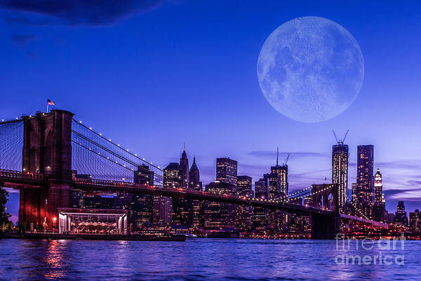 Nyc Art Print featuring the photograph Full moon over Manhattan II by Hannes Cmarits