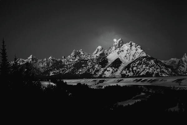 River Art Print featuring the photograph Full Moon Sets In The Teton Mountain Range by Raymond Salani Iii