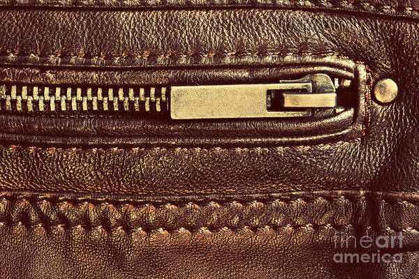 Leather Art Print featuring the photograph Genuine brown leather with zip and seam by Michal Bednarek