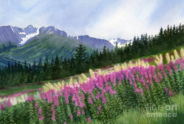 Watercolor Art Print featuring the painting Glacier Valley Fireweed by Sharon Freeman